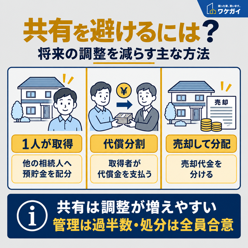 不動産の共有を避けるための方法として、1人が取得する方法、代償分割、売却して分配する方法を示した図