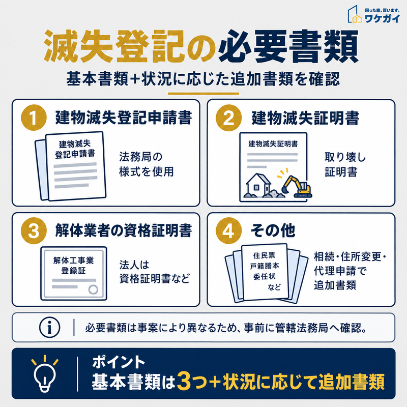 滅失登記に必要な建物滅失登記申請書・建物滅失証明書・解体業者の資格証明書・追加書類を整理した図解