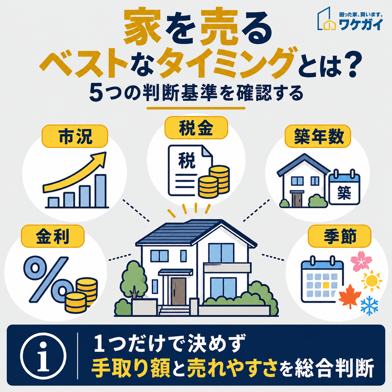 住宅のイラストを中心に、市況・税金・築年数・金利・季節の5つの判断基準をアイコンで示した図解