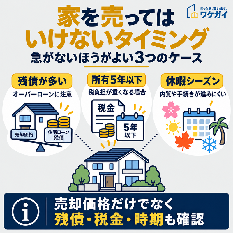 住宅ローン残債が多い場合、所有期間5年以下の場合、休暇シーズンの3つの売却時期の注意点を住宅やカレンダーのイラストで説明した図解