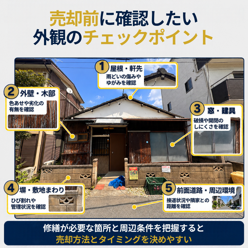 築年数が経過した木造住宅の外観写真を使い、屋根・軒先、外壁・木部、窓・建具、塀・敷地まわり、前面道路・周辺環境の5つの確認ポイントを示した図解