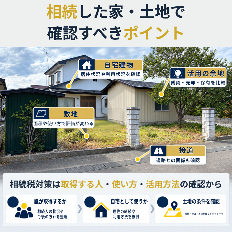 相続した住宅と敷地の実写写真に、自宅建物・敷地・接道・活用余地の確認箇所を示し、不動産の相続税対策で確認すべき3つのポイントを解説した図解