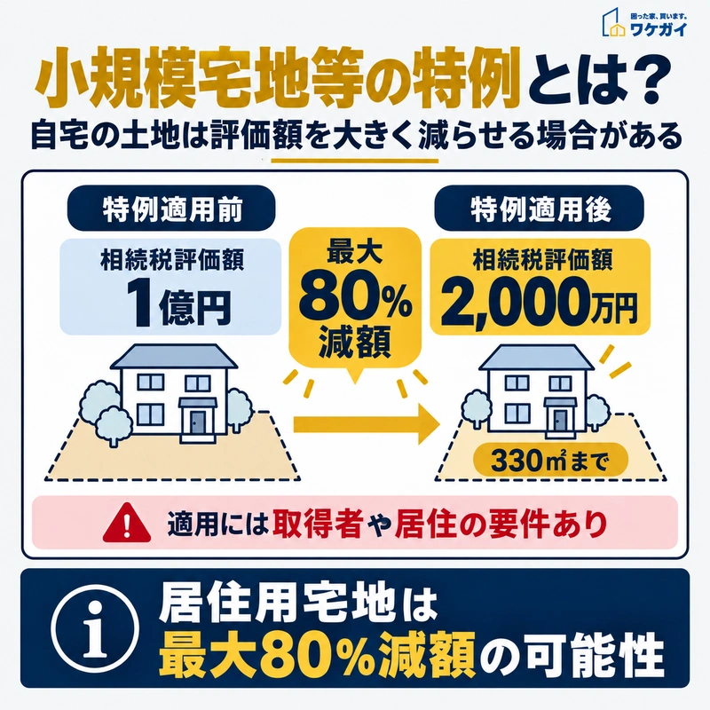 自宅敷地の相続税評価額1億円が、小規模宅地等の特例を適用することで2,000万円になる例を、住宅イラストと矢印で比較した図解。
