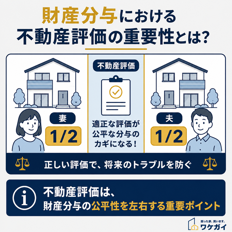 財産分与における不動産評価の重要性を示す図解