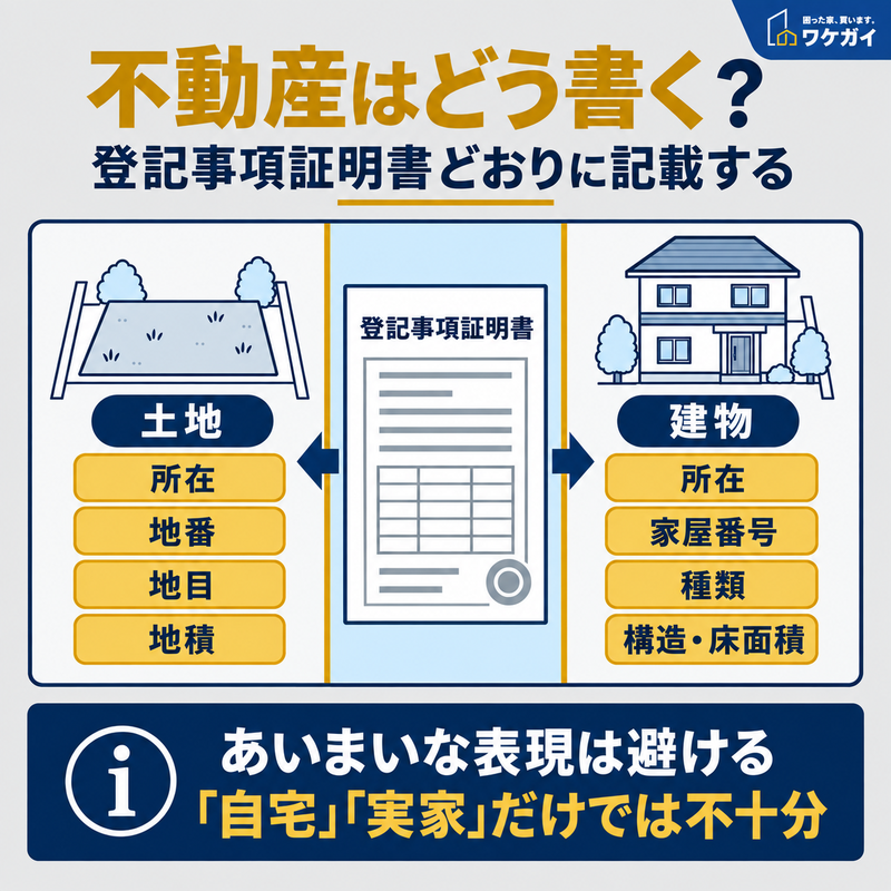 遺言書に不動産を記載する際に、土地と建物を登記事項証明書どおりに記載するための確認項目を示した図