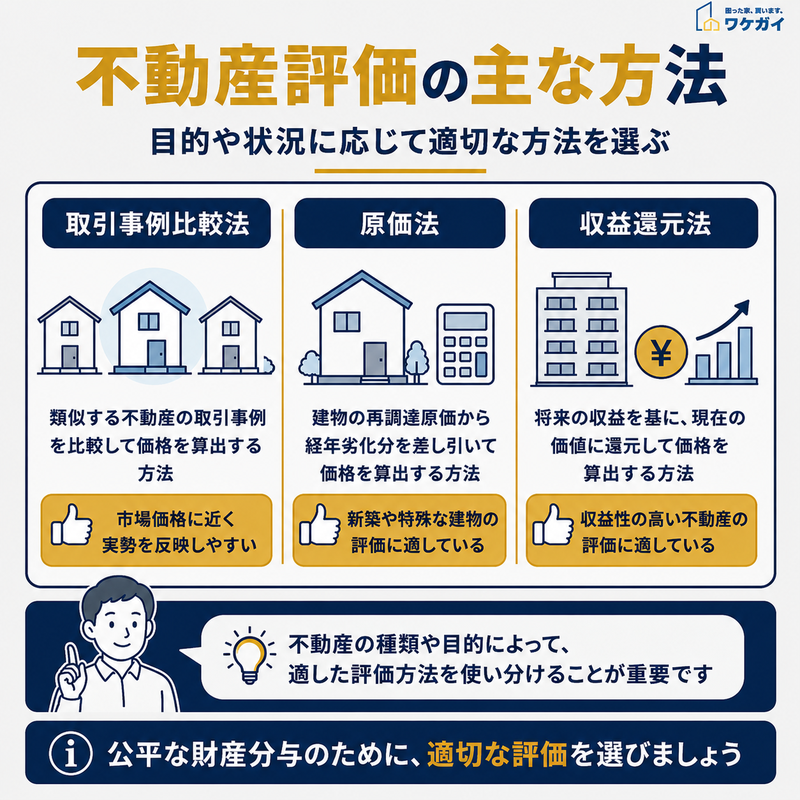 不動産評価の主な方法である取引事例比較法・原価法・収益還元法を示す図解