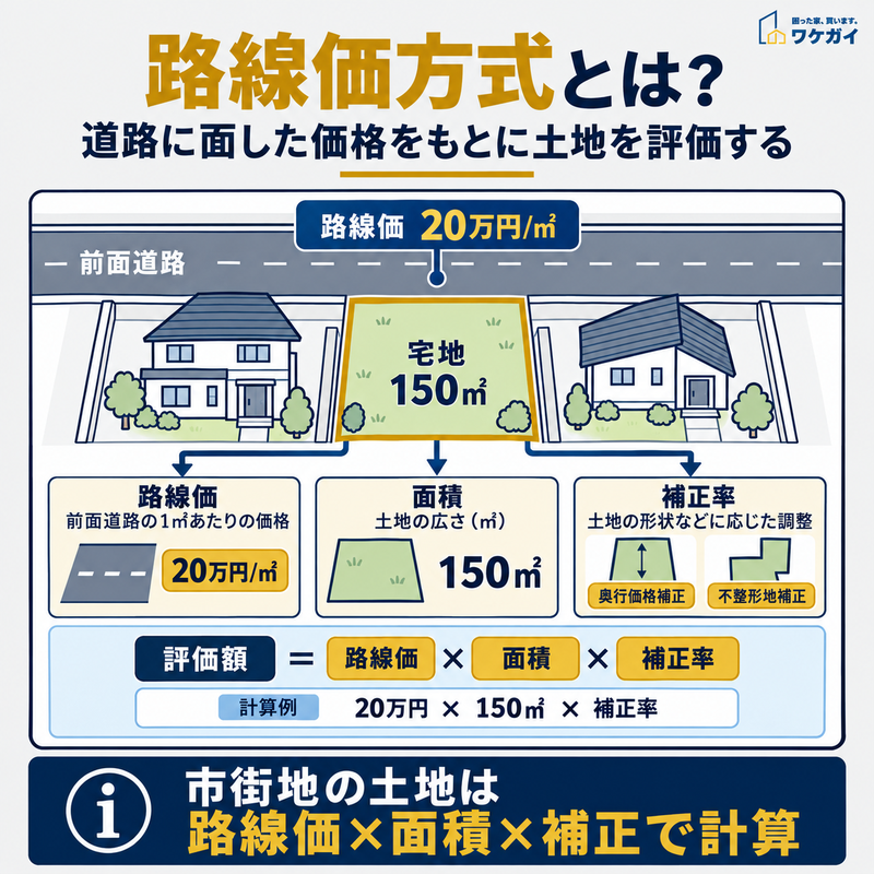 路線価20万円/㎡、土地面積150㎡の例を使い、路線価・面積・補正率から土地の相続税評価額を計算する方法を示した図解