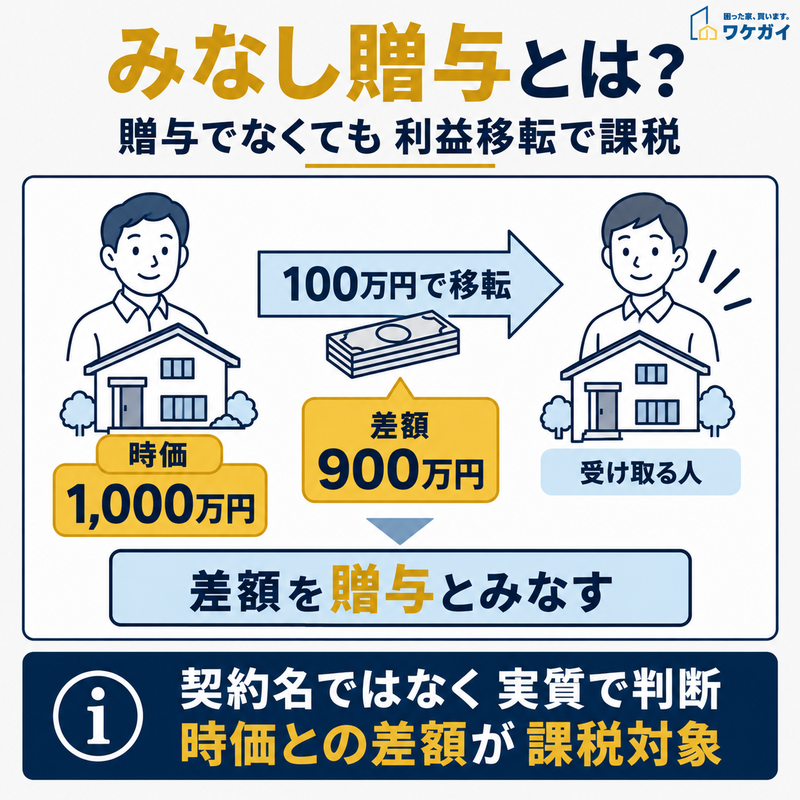 みなし贈与の仕組みを、時価1,000万円の財産を100万円で移転した場合の差額900万円を用いて説明する図
