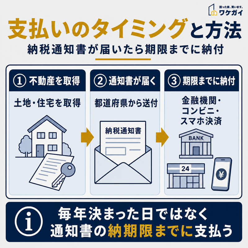 不動産取得税の支払いタイミングと納付方法を3ステップで示した図解