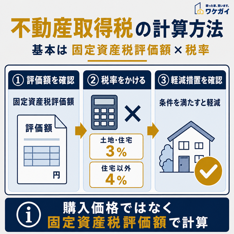 不動産取得税の計算方法を固定資産税評価額・税率・軽減措置の3ステップで示した図解