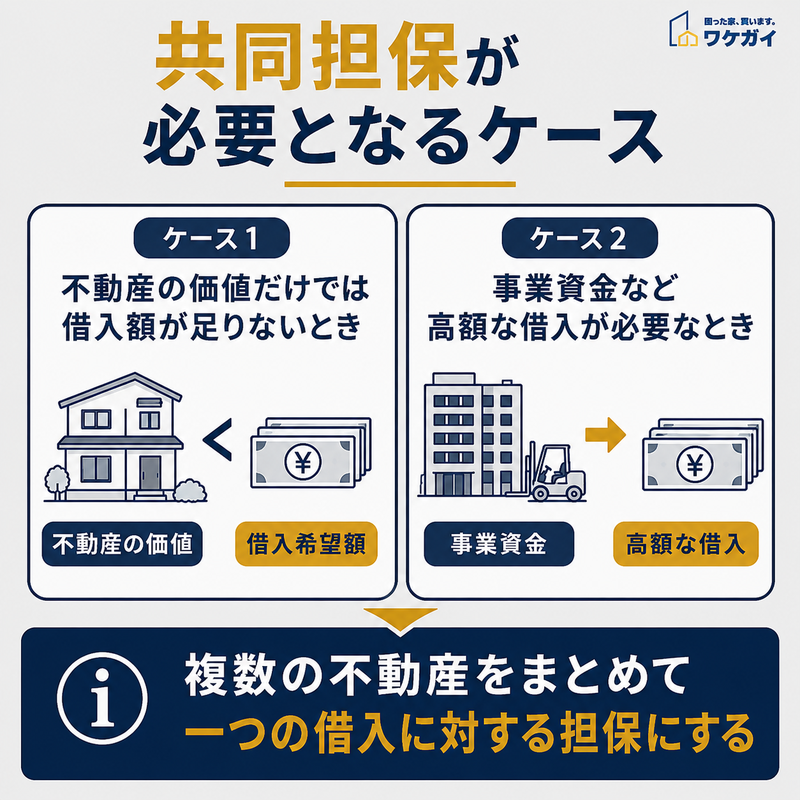 共同担保が必要となるケースを、不動産価値の不足と高額な借入の2例で示した図解