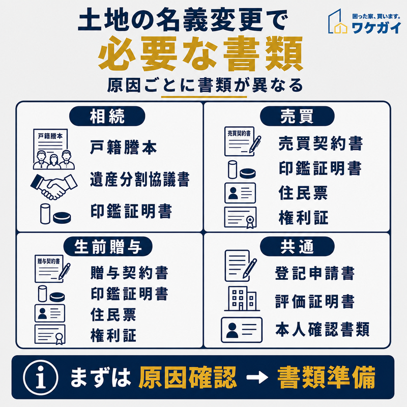土地の名義変更で必要な書類を相続・売買・生前贈与・共通書類に分けて示した図解