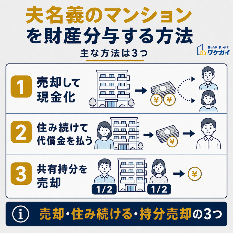 夫名義のマンションを財産分与する3つの方法を示した図解