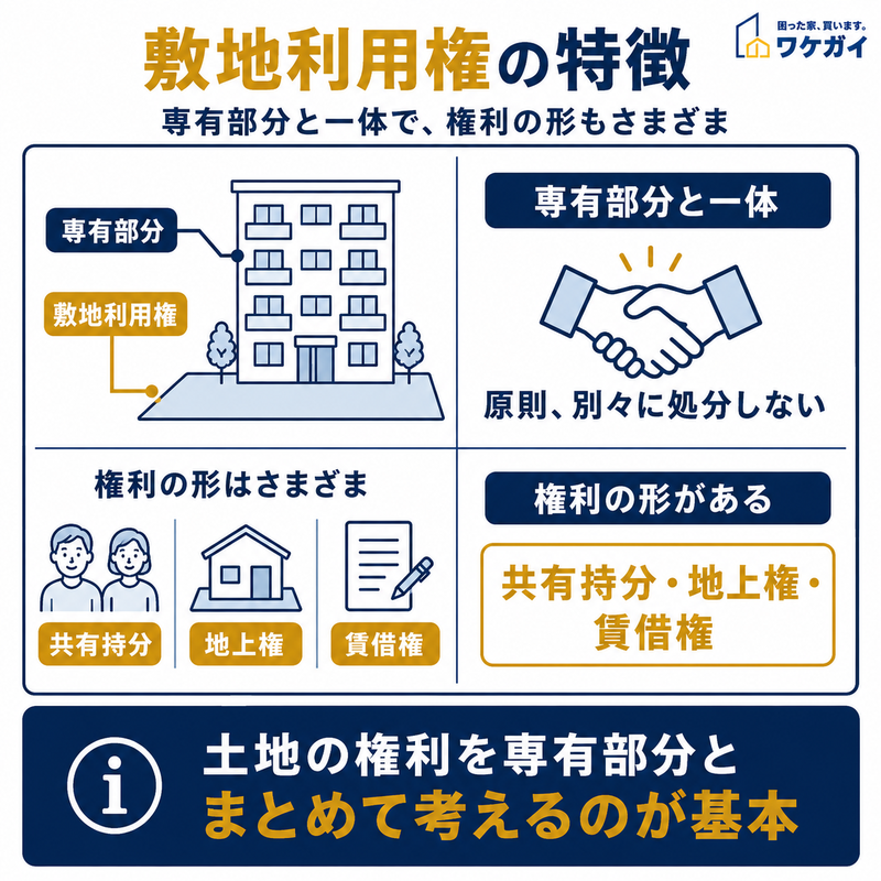 敷地利用権の特徴として専有部分との一体性と共有持分・地上権・賃借権を示した図解