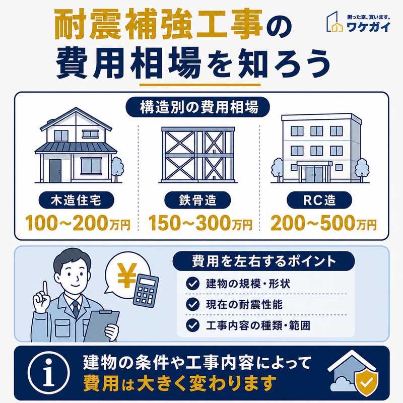 耐震補強工事の構造別費用相場と費用を左右するポイントを示した図