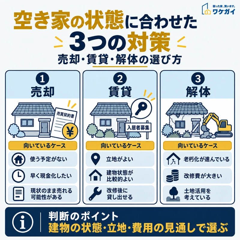 空き家の状態に応じて売却・賃貸・解体を選ぶ際の違いを比較した図解