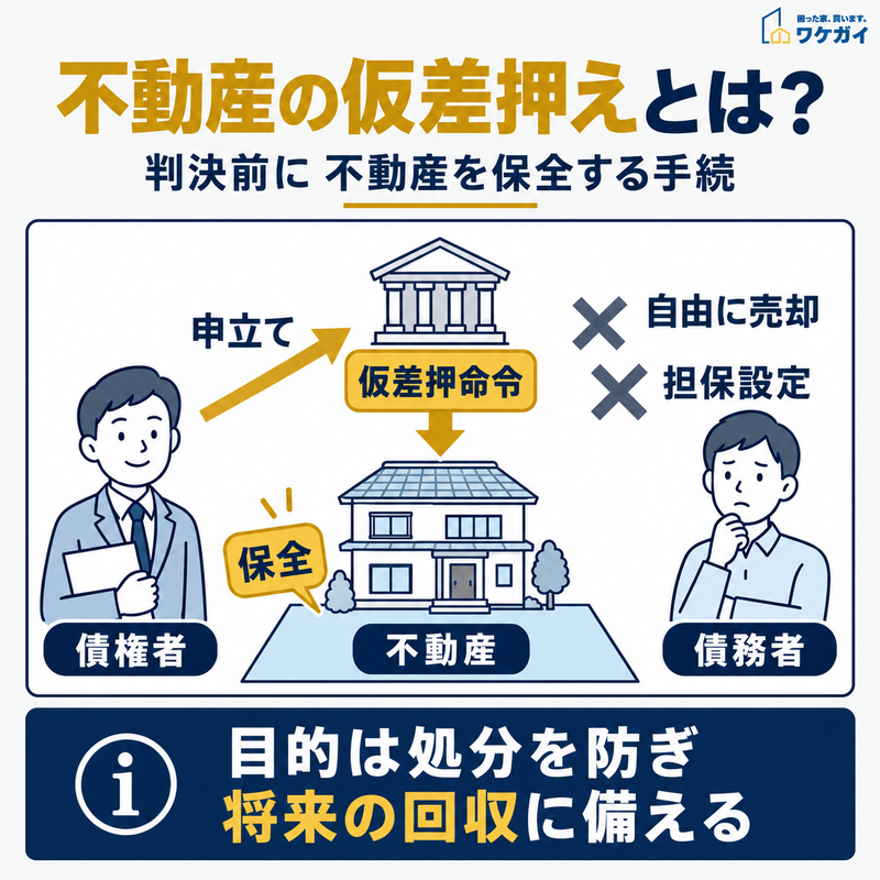 不動産の仮差押えとは何か、債権者の申立てから仮差押命令によって不動産を保全する仕組みを示した図
