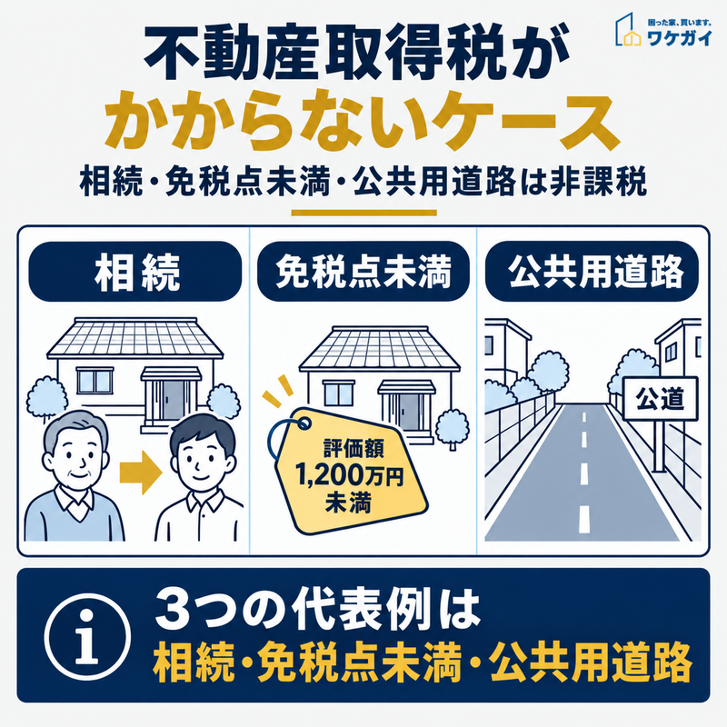 不動産取得税がかからない代表的なケースとして、相続・免税点未満・公共用道路を示した図解