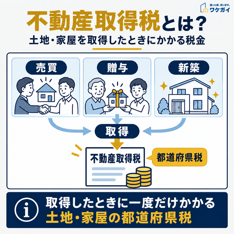不動産取得税とは、土地や家屋を売買・贈与・新築で取得したときに一度だけかかる都道府県税