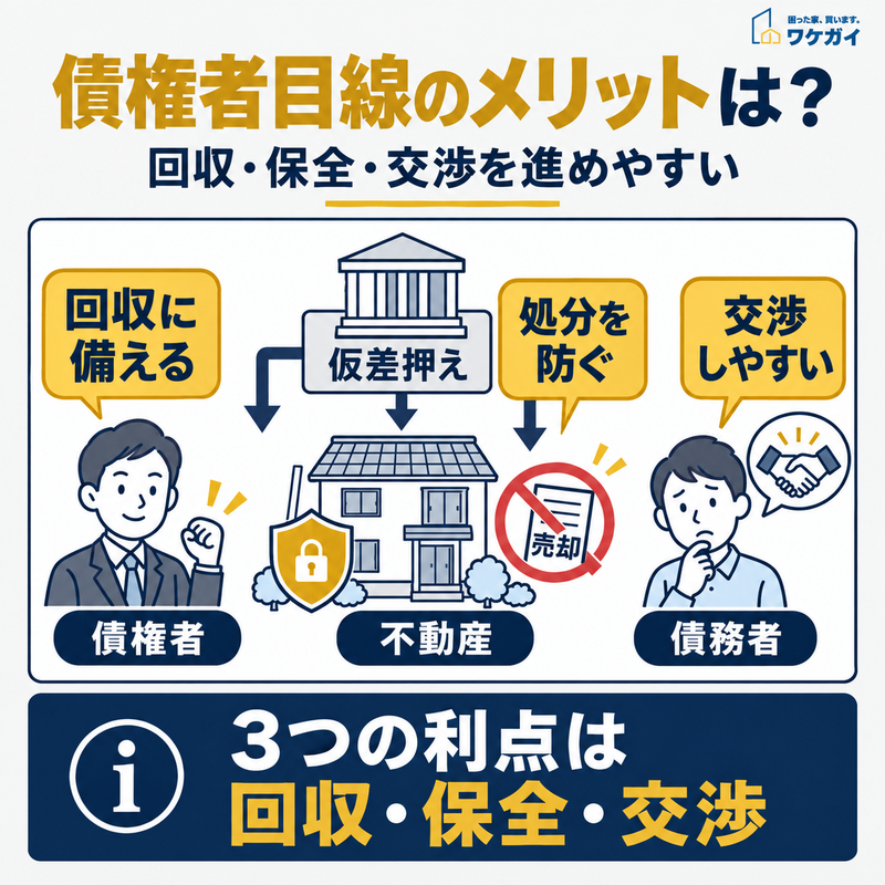 不動産仮差押えによる債権者側のメリットとして、回収・財産保全・交渉の3点を示した図