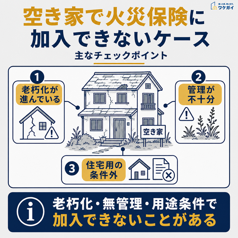 空き家で火災保険に加入できない主なケースを示した図解