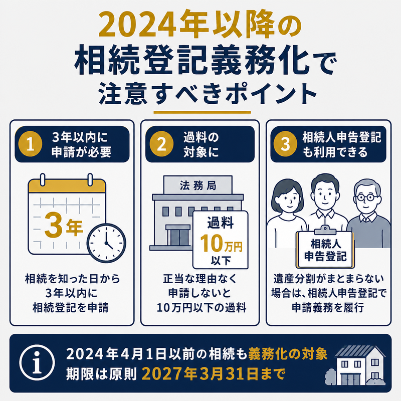 2024年以降の相続登記義務化で注意すべき3年以内の申請期限、過料、相続人申告登記を解説した図