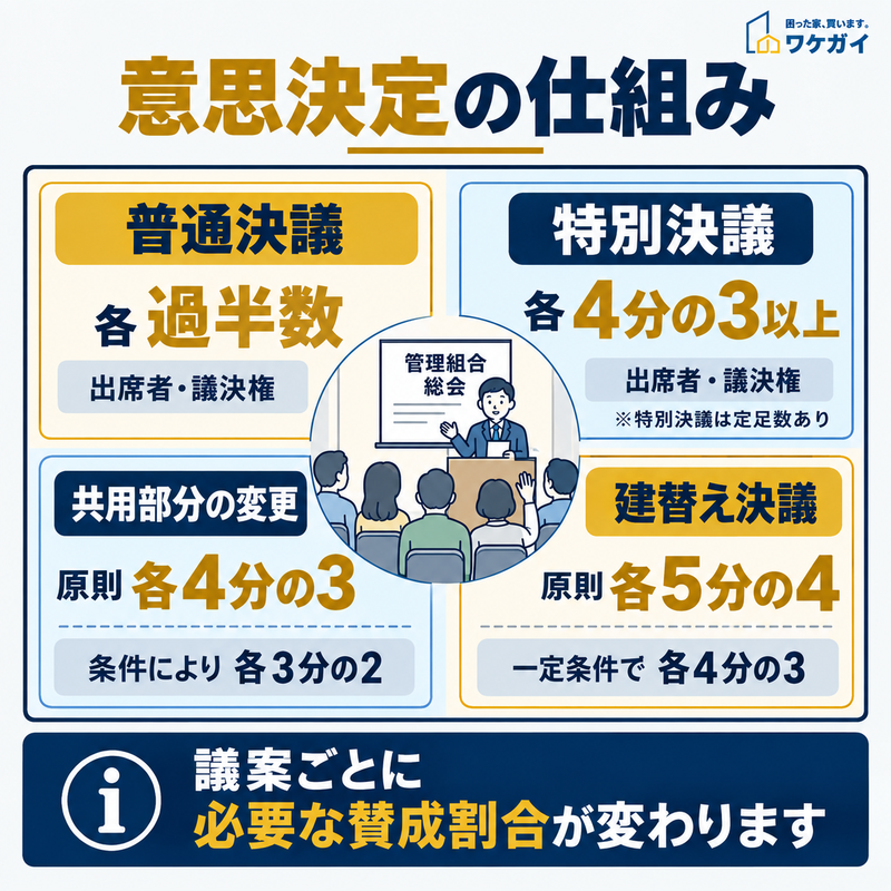 区分所有法における普通決議・特別決議・共用部分の変更・建替え決議の賛成割合を比較した図解