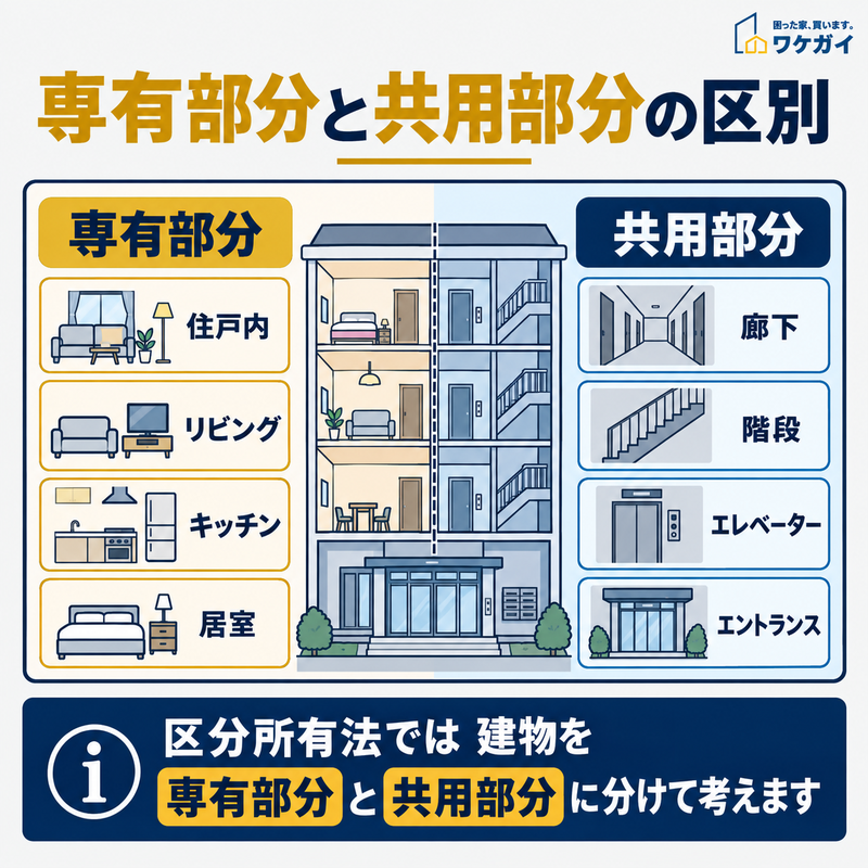 マンションの専有部分と共用部分の違いを住戸内・廊下・階段・エレベーターなどの例で示した図解