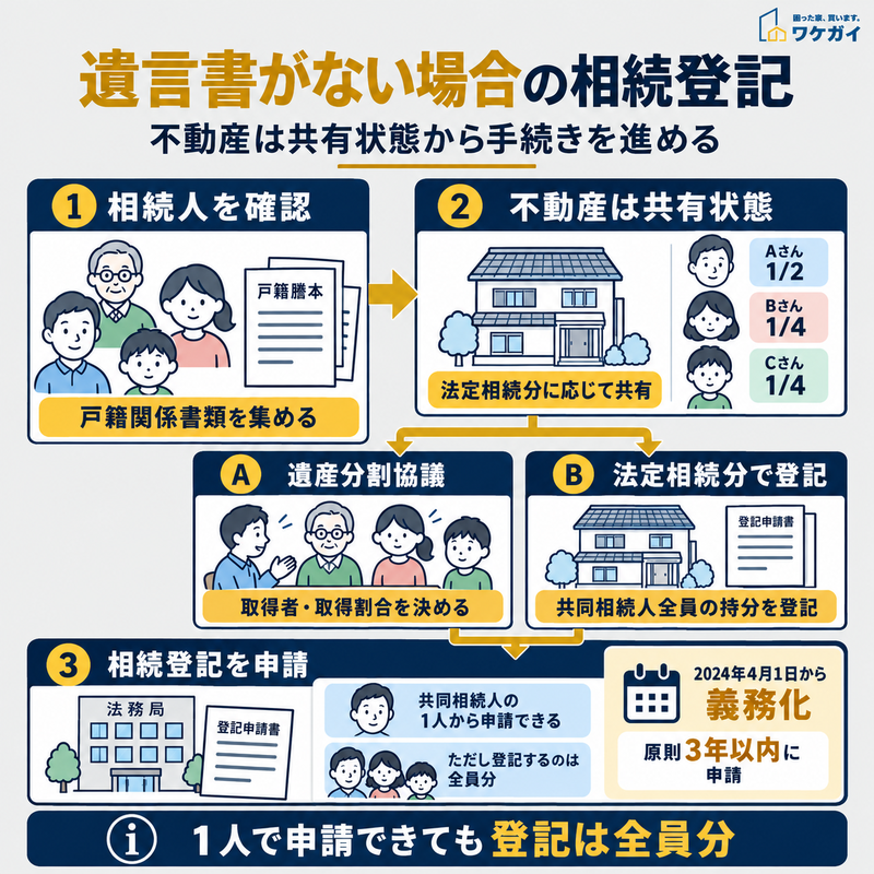 遺言書がない場合の不動産相続について、相続人の確認、共有状態、遺産分割協議または法定相続分による登記、登記申請までを人物・住宅・書類のイラストと矢印で説明した図解