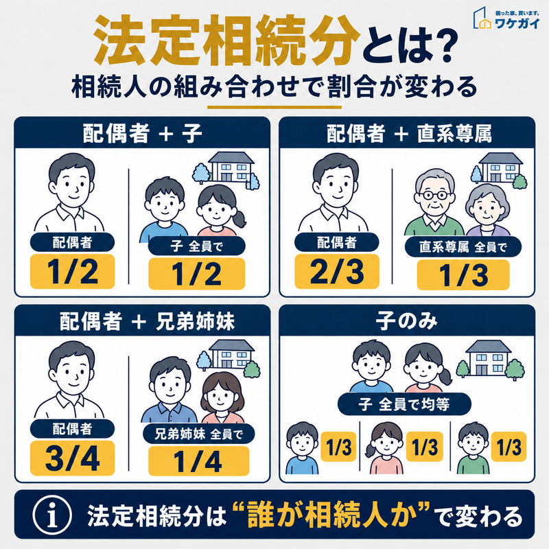 配偶者と子2人の法定相続分1/2・1/4・1/4と遺留分1/4・1/8・1/8を、人物イラストと数値で比較し、兄弟姉妹には遺留分がないことを示した図解