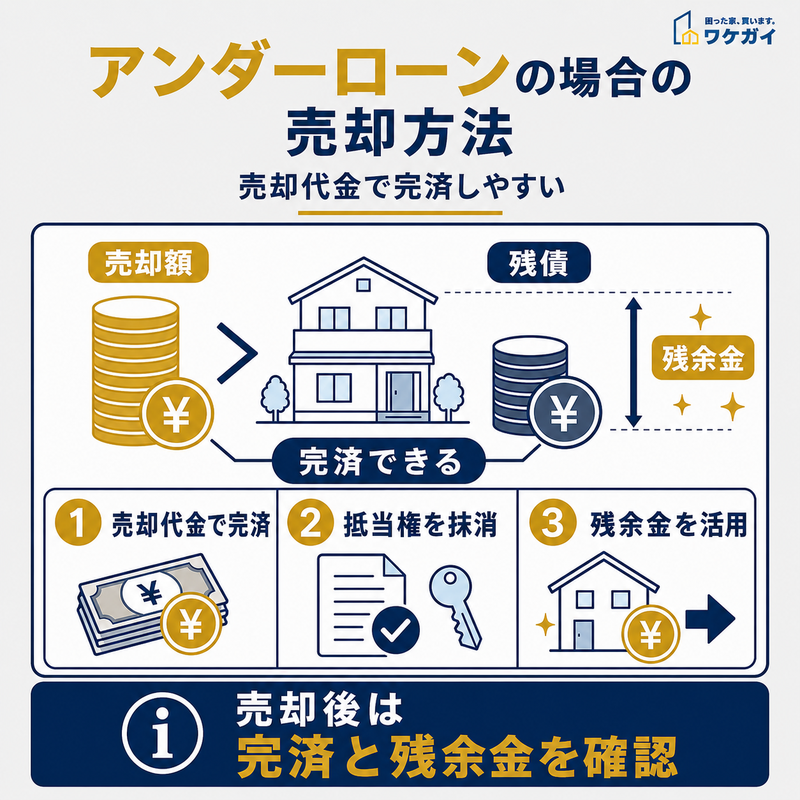 アンダーローンの売却方法として売却代金での完済、抵当権抹消、残余金の活用を示した図解