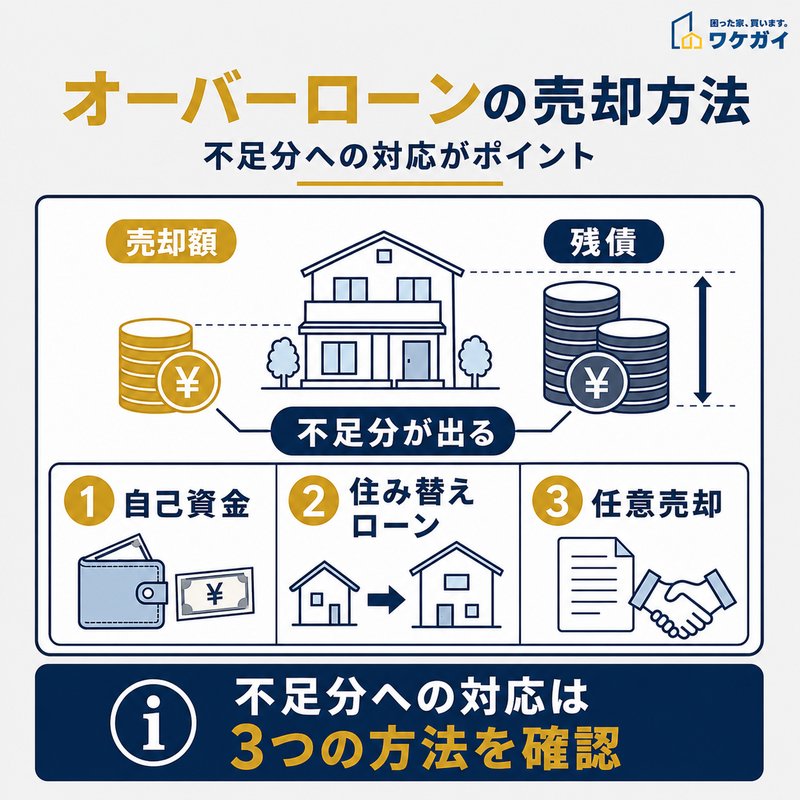 オーバーローンの売却方法として自己資金・住み替えローン・任意売却の3つを示した図解