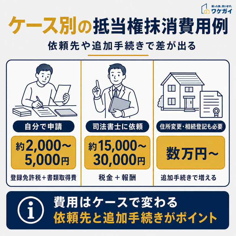 ケース別の抵当権抹消費用例を自分で申請・司法書士に依頼・追加登記が必要な場合で比較した図