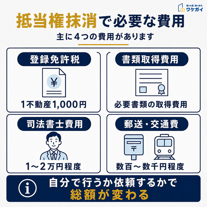 抵当権抹消手続きで発生する主な4つの費用を図解