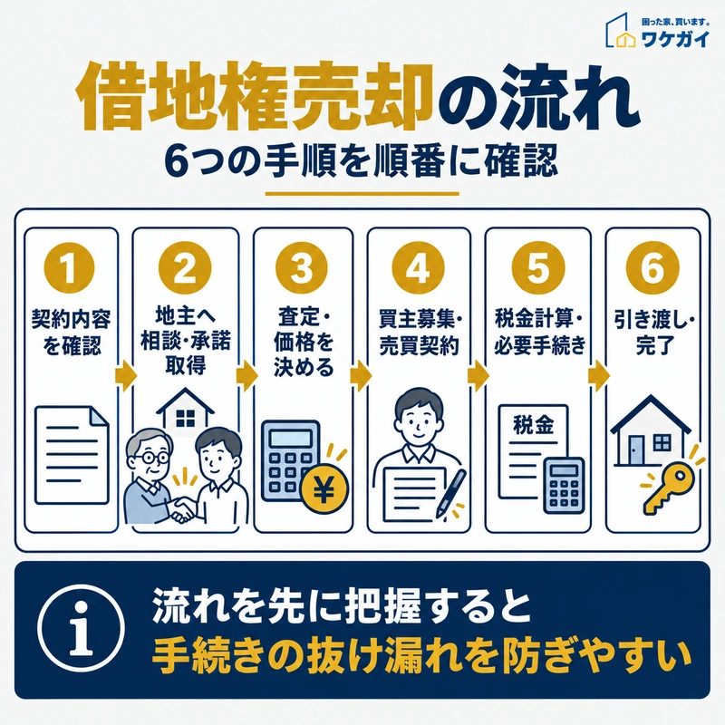 借地権売却の6つの手順を契約確認から引き渡しまで順番に示した図解