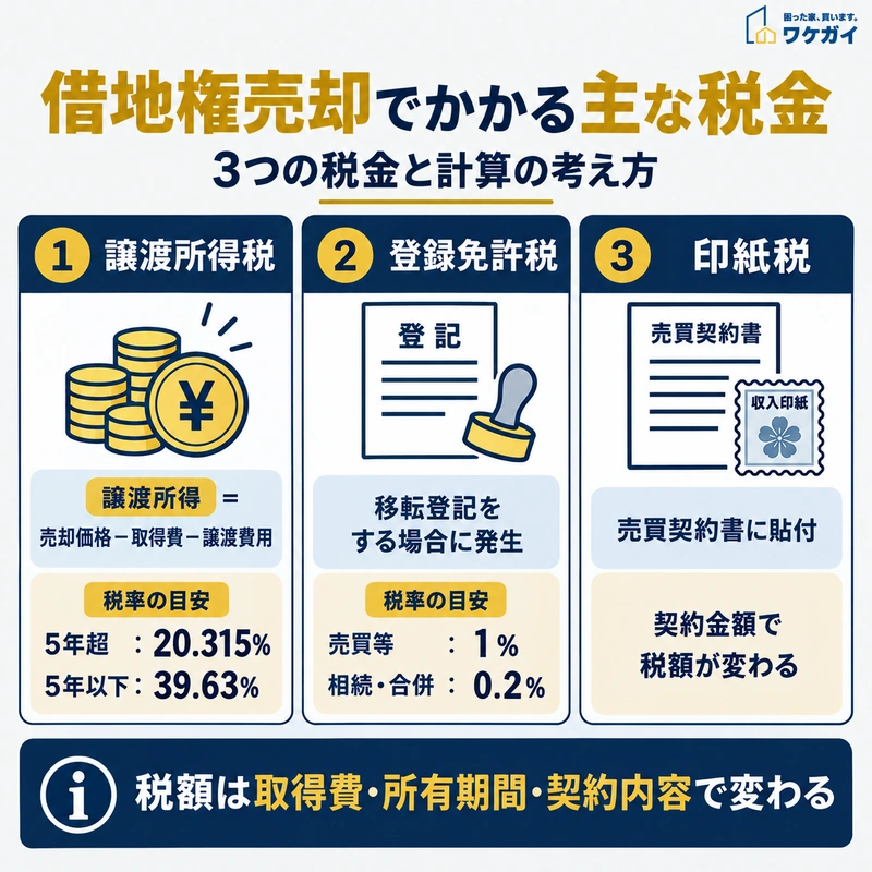 借地権売却でかかる譲渡所得税・登録免許税・印紙税の概要と税率を示した図解
