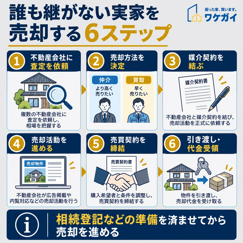 誰も継がない実家を売却する際の、査定依頼から引き渡しと代金受領までの6ステップをまとめた図解