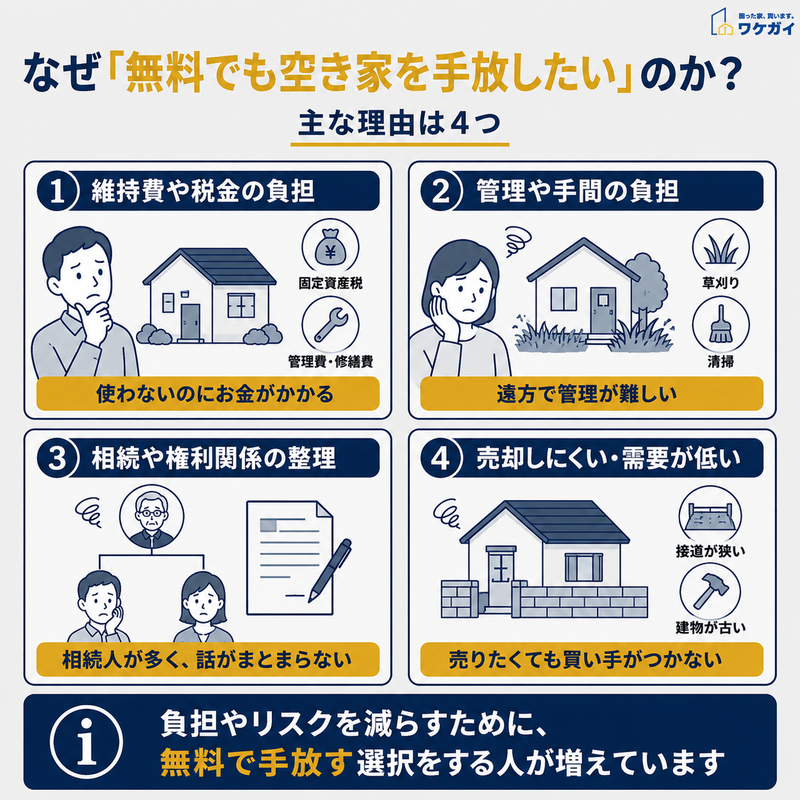 無料でも空き家を手放したい主な理由を4つに整理した図解