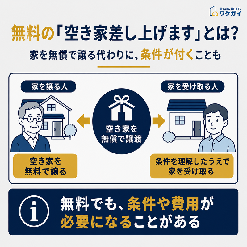 無料の「空き家差し上げます」の仕組みと、条件や費用が必要になる場合を示した図解