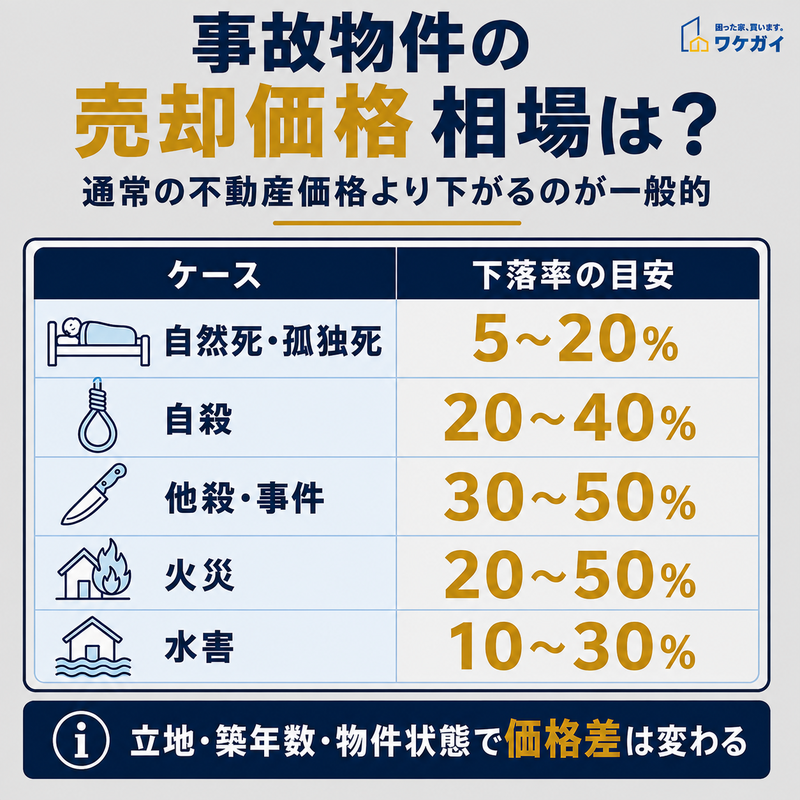 事故物件の売却価格相場を自然死・孤独死・自殺・他殺・火災・水害のケース別に比較した図解
