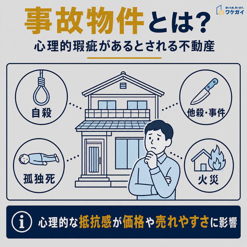 事故物件とは何かを自殺・孤独死・他殺・火災のケースとともに解説した図解