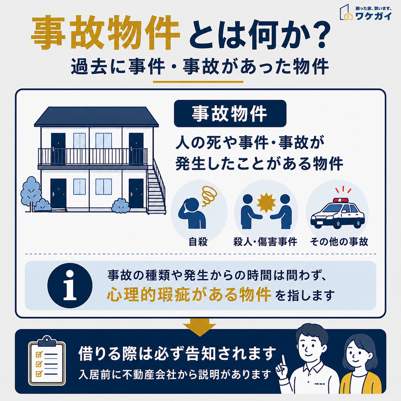 事故物件とは何かを、建物と自殺・殺人や傷害事件・その他の事故の例で解説した図