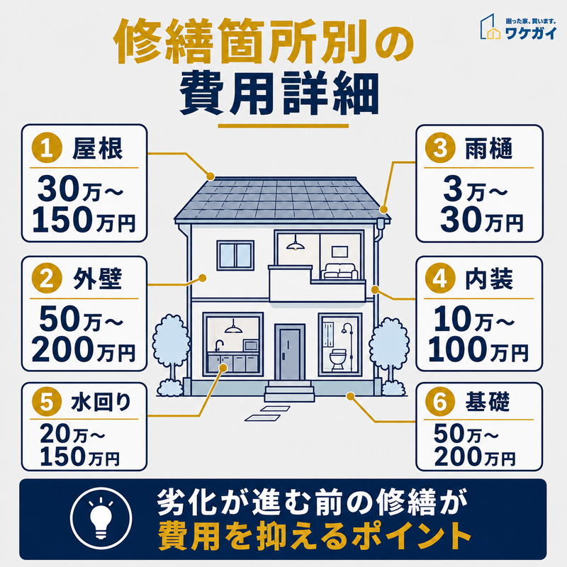 修繕箇所別の費用詳細を屋根・外壁・雨樋・内装・水回り・基礎ごとに示した図