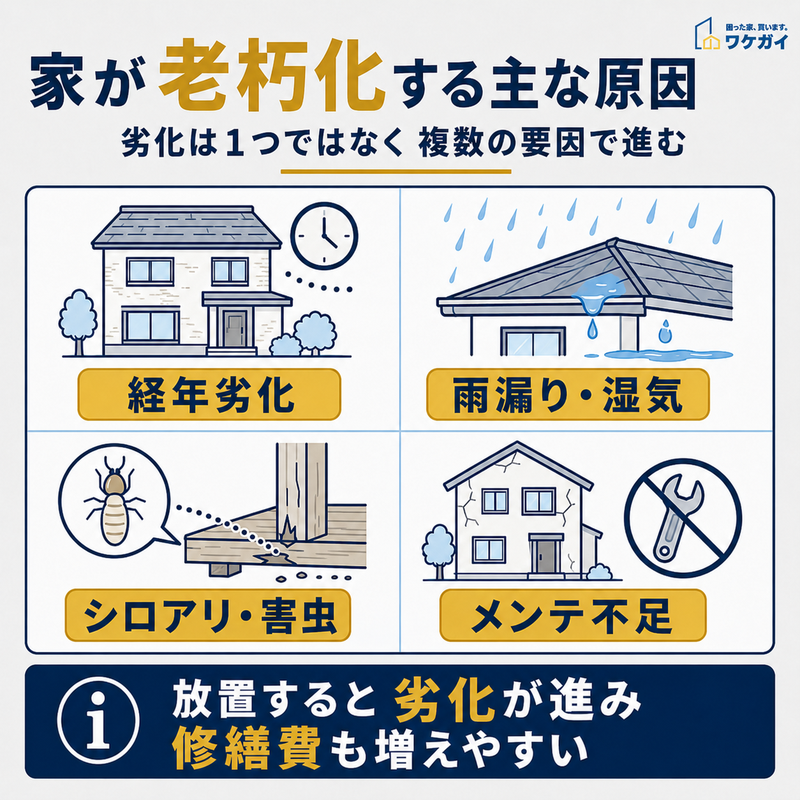家が老朽化する主な原因を経年劣化・雨漏りや湿気・シロアリや害虫・メンテナンス不足の4つに分けて示した図解