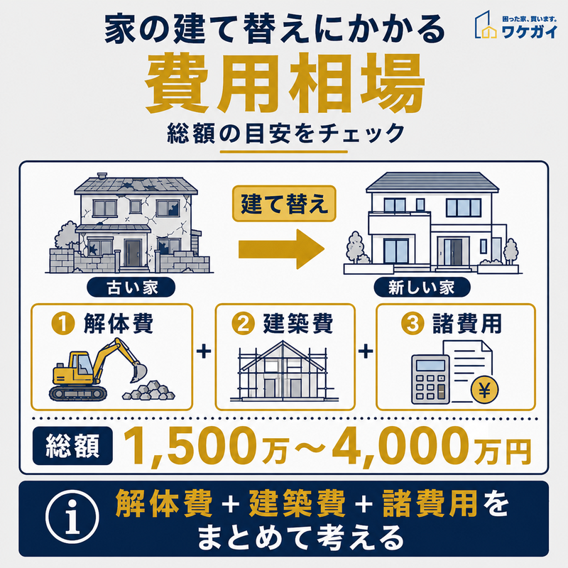 家の建て替えにかかる解体費・建築費・諸費用と総額相場の図解