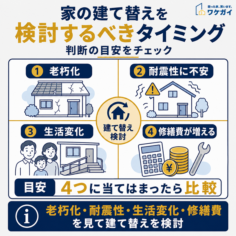 家の建て替えを検討するべきタイミングを老朽化・耐震性・生活変化・修繕費で示した図解