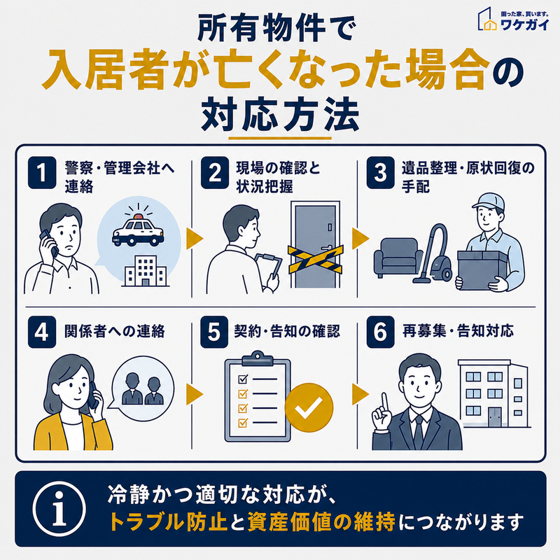 所有物件で入居者が亡くなった場合の対応方法を6つの手順で解説した図