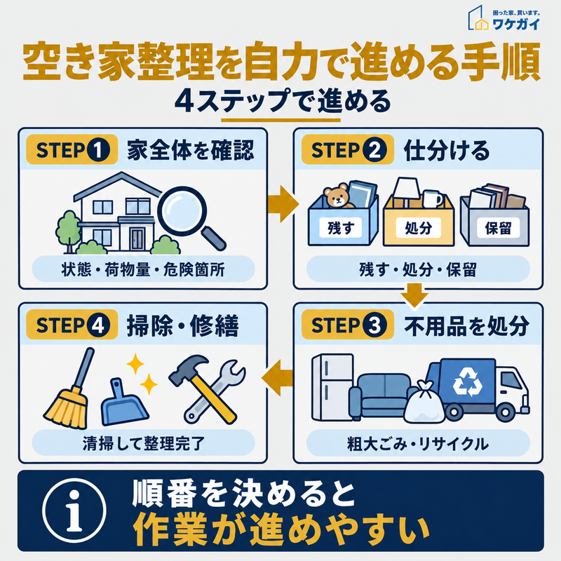 空き家整理を自力で進める4ステップを示した図解