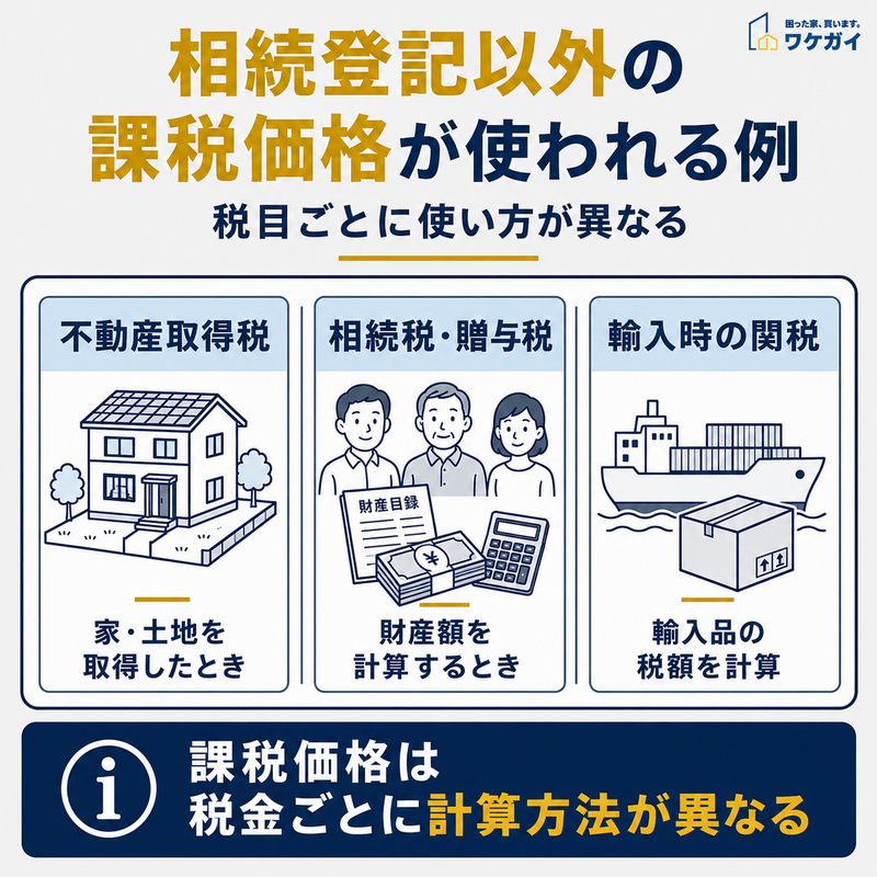 相続登記以外で課税価格が使われる不動産取得税・相続税や贈与税・輸入時の関税の例