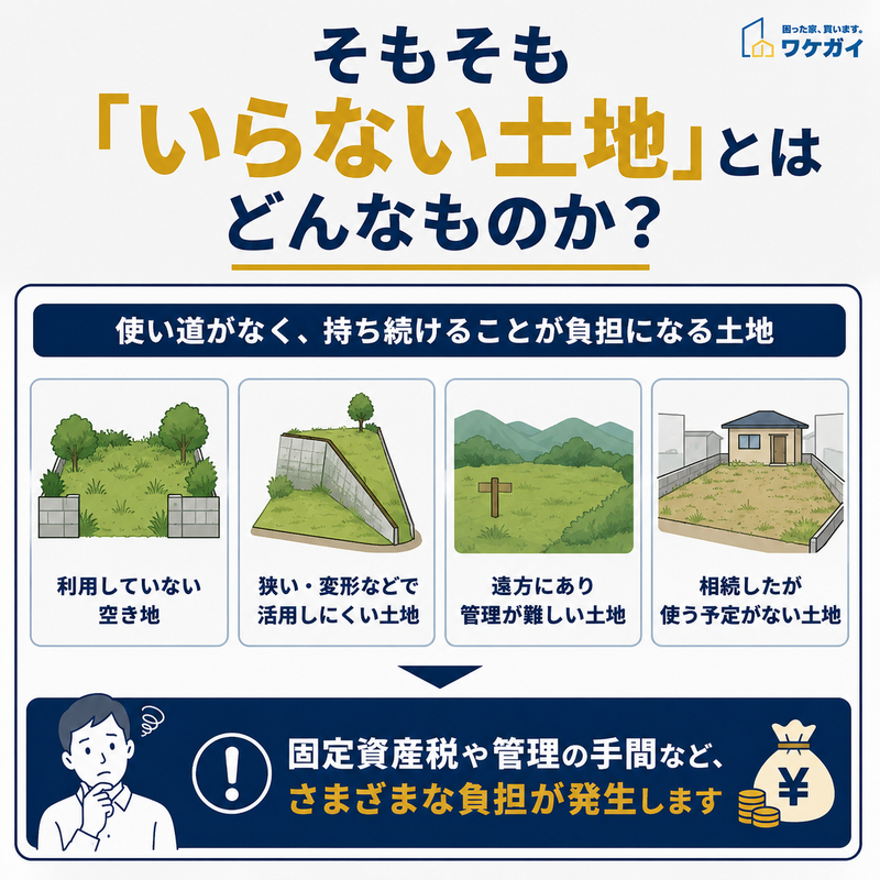 いらない土地の特徴と固定資産税・管理負担を示した図解